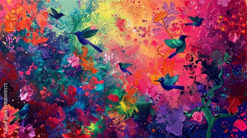 A vibrant painting of a tropical rainforest with bright flowers and colorful birds.