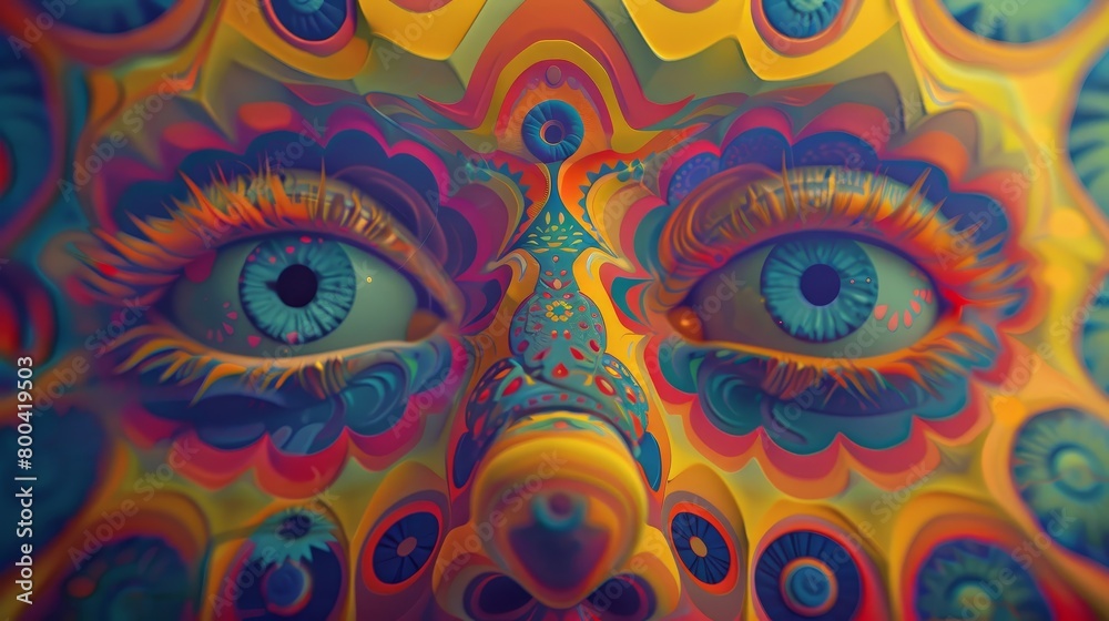 Stained glass portrait of a woman with eyes closed, psychedelic colors