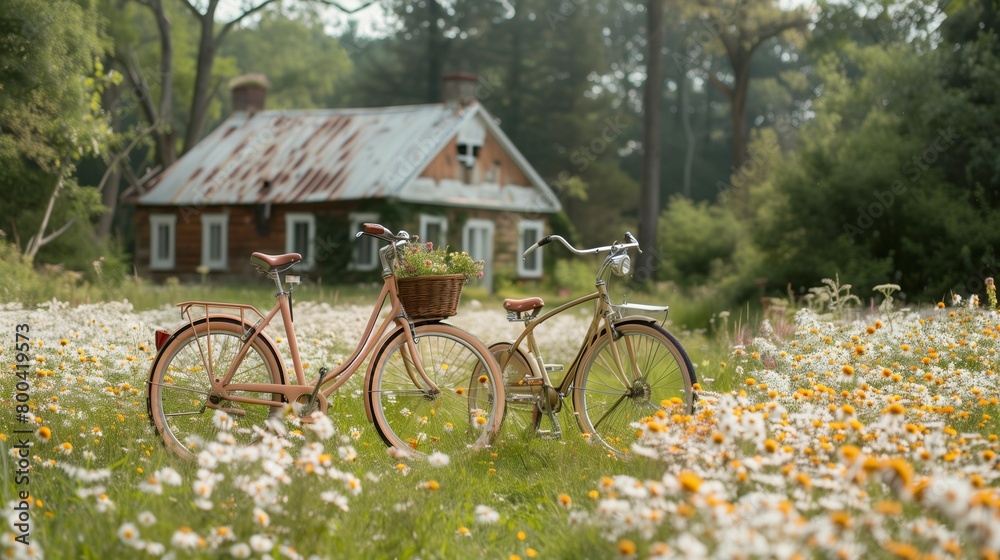 Fototapeta premium Rustic Charm: Bicycles and Wildflowers, generative ai