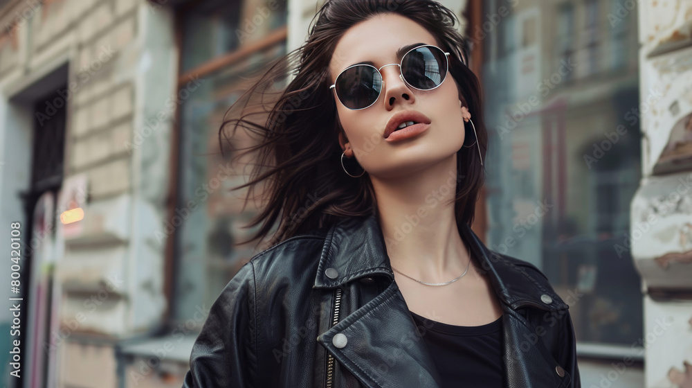 Stylish Urban Woman Wearing Leather Jacket and Sunglasses