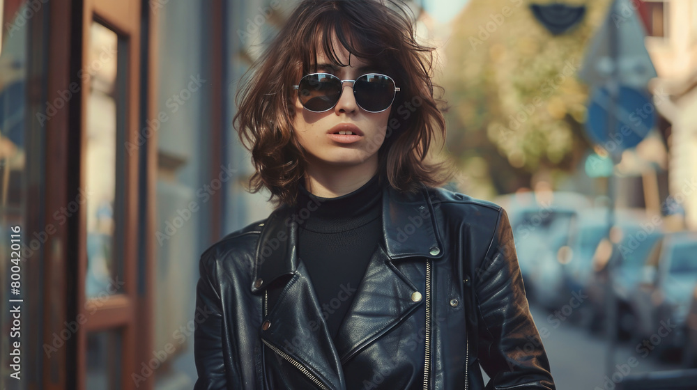 Stylish Urban Woman Wearing Leather Jacket and Sunglasses Stylish Urban Woman Wearing Leather Jacket and Sunglasses