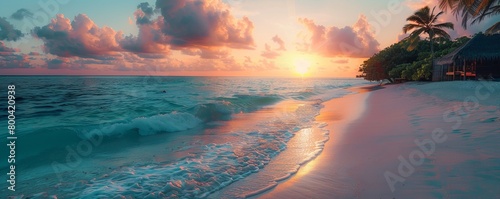 Dreamlike Sunrise Beach in the Maldives. Dream Honeymoon Shoreline. Summer background.