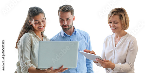 Modern business people are working using laptop and digital tablet while standing on a transparent background