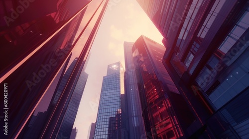 Majestic Urban Sunset Amidst Soaring Glass Skyscrapers