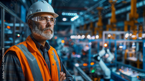 Portrait of a Middle Aged Engineer Monitoring and Analyzing Conditions at a Modern Electronics Factory with Automated Robots Working with the Help of Artificial Intelligence Software © MauriceNo