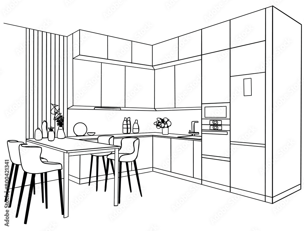 Kitchen interior sketches hand drawing front view. Line art