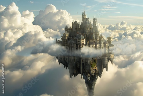 A grand castle floating in the sky among the clouds
