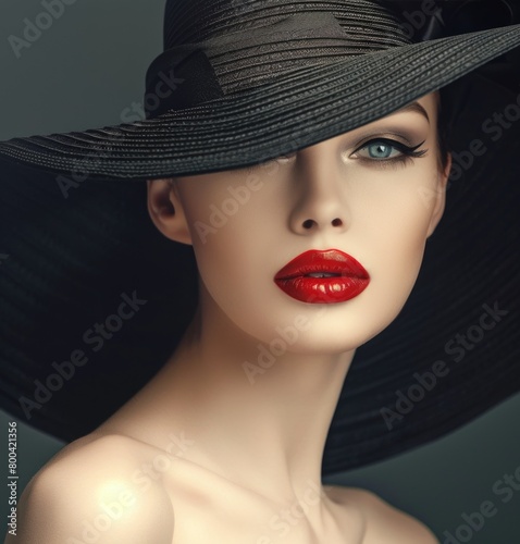 Elegant Lady with Striking Red Lips and Black Wide-Brimmed Hat