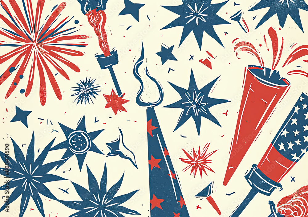 Obraz premium US Festive Celebration Firework Postcard, American flags, linocut style illustration