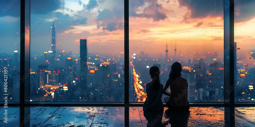 Silhouette of a mother and her daughter sitting by the window of a skyscraper taking in the view of the city in rain at dusk Silhouette of a mother and her daughter sitting by the window of a skyscraper taking in the view of the city in rain at dusk