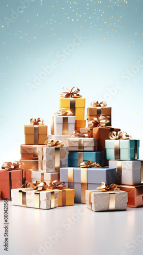Present boxes holiday background with copy space. Gifts with bow pile