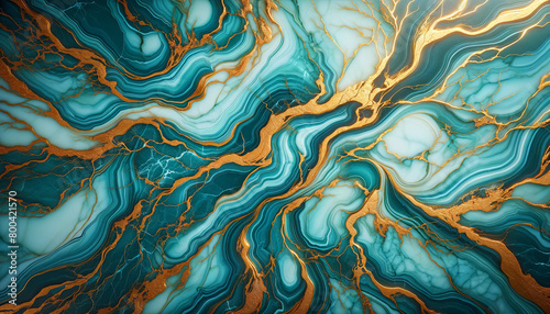 An aqua-colored marble with intricate gold veins
