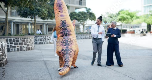 Funny, inflatable dinosaur costume and outdoor for entertainment with dancing, humor and mascot. Businesspeople, employees and paperwork for company in business precinct for customer relationships