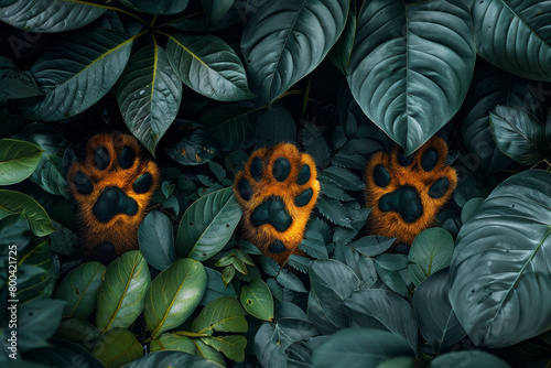 A graphic illustration of paw prints of a jungle cat transforming into lush jungle leaves, emphasizing their stealthy nature, photo