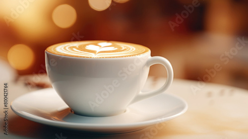 Cup of cappuccino with latte art  coffee beans warm glow. Hot drink background