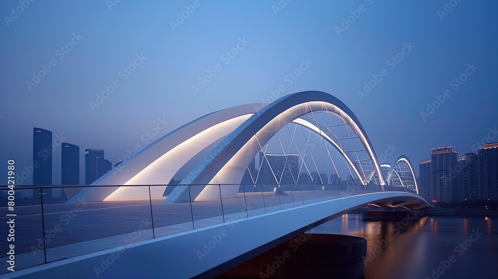 Modern white bridge and curved arc design illuminated by night lights.