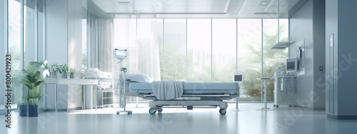 Hospital room with patient bed, medical equipment, and window natural light photo