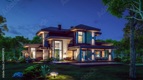 3d rendering of modern two story house with gray and wood accents, large windows, parking space in the right side of the building. Clear summer night with many stars on the sky. © korisbo