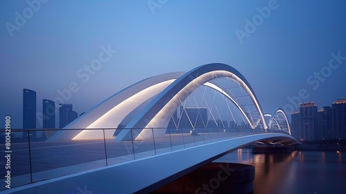 Modern white bridge and curved arc design illuminated by night lights.