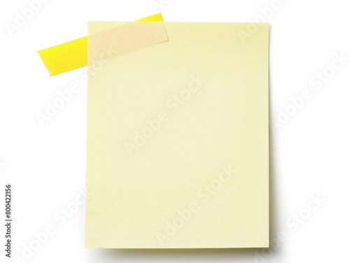 white sticky note with yellow tape on white background
