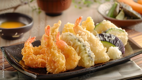 Crispy tempura shrimp and vegetables on a plate photo