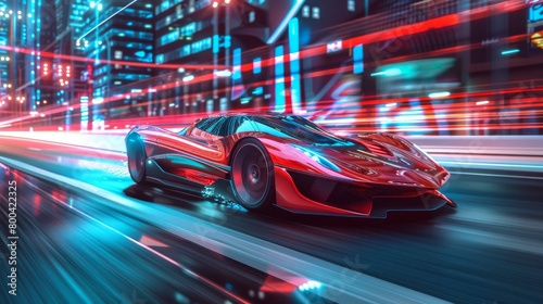 Red sports car moving at high speed through the city streets, adorned with neon lights to create a motion effect. Illustrating the concept of futuristic automobile technology through a 3D rendering.