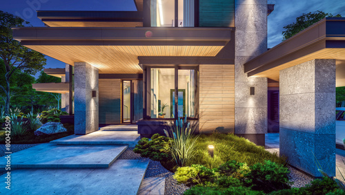 3d rendering of modern two story house with gray and wood accents, large windows, parking space in the right side of the building. Clear summer night with many stars on the sky.
