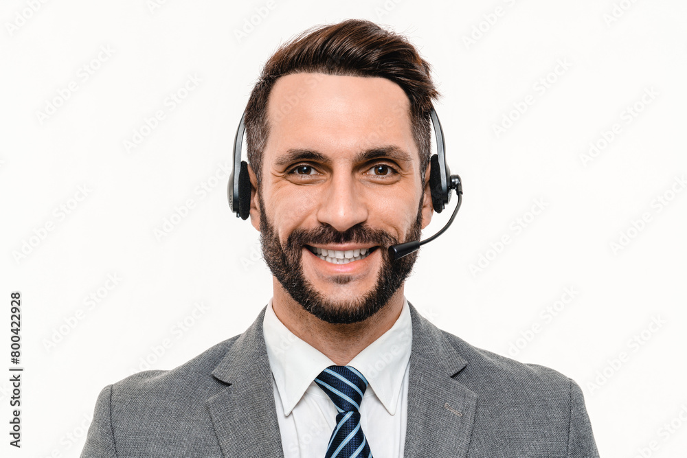 Portrait of successful hotline worker in headset isolated over white background. Caucasian support manager working with customers online, talking consulting assisting remotely Portrait of successful hotline worker in headset isolated over white background. Caucasian support manager working with customers online, talking consulting assisting remotely