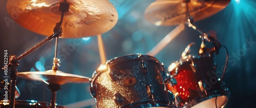 drum kit with cymbals on stage, blurry background. photo