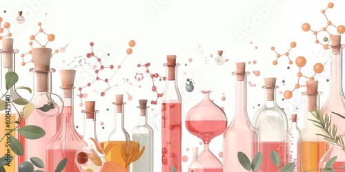 Elegant array of various bottles with pink liquids and botanical accents.