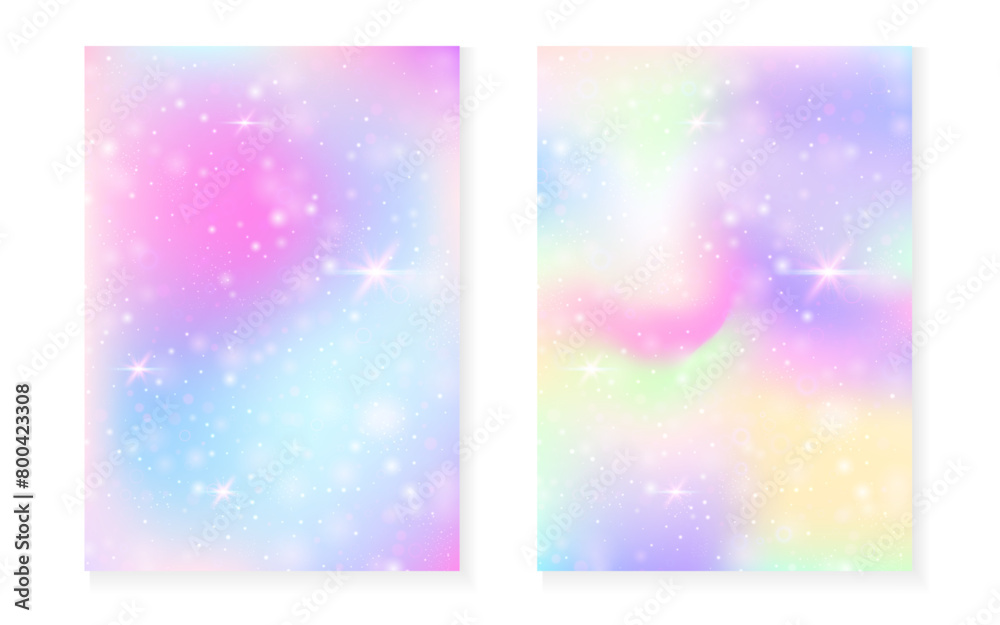 Fototapeta premium Princess background with kawaii rainbow gradient. Magic unicorn hologram. Holographic fairy set. Stylish fantasy cover. Princess background with sparkles and stars for cute girl party invitation.
