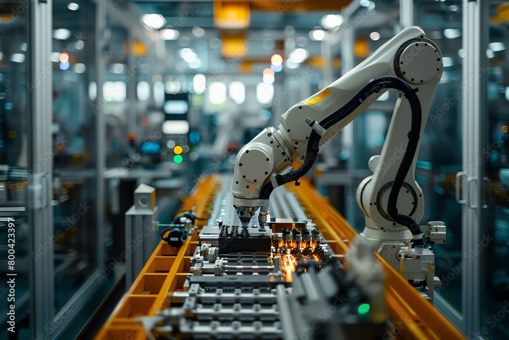 A robotic technician programming a robotic arm for precision tasks in a hightech manufacturing plant A robotic technician programming a robotic arm for precision tasks in a hightech manufacturing plant