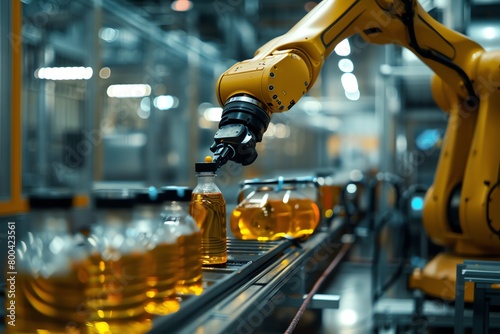 A robotic arm in a chemical plant precisely handling hazardous materials, safety barriers in place