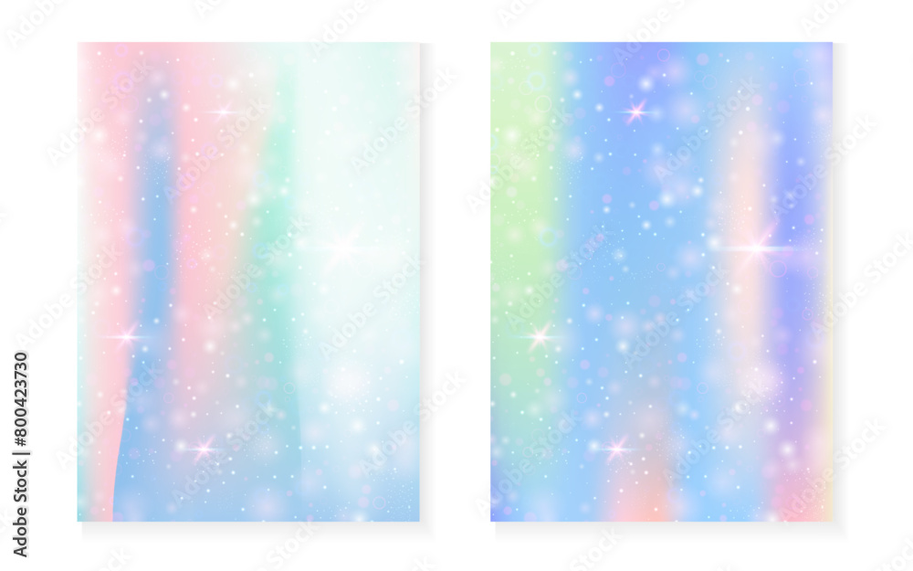 Rainbow background with kawaii princess gradient. Magic unicorn hologram. Holographic fairy set. Bright fantasy cover. Rainbow background with sparkles and stars for cute girl party invitation. Rainbow background with kawaii princess gradient. Magic unicorn hologram. Holographic fairy set. Bright fantasy cover. Rainbow background with sparkles and stars for cute girl party invitation.