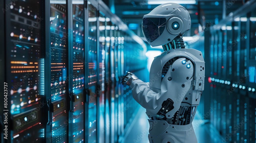 A highsecurity data center using AI to enhance cybersecurity measures, a technician monitoring live threats A highsecurity data center using AI to enhance cybersecurity measures, a technician monitoring live threats