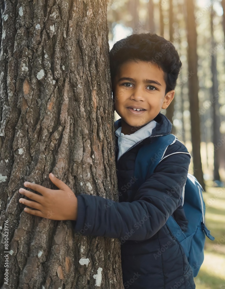 Child hugging a tree in the outdoor forest. Concept of battling a global problem of carbon dioxide and global warming Child hugging a tree in the outdoor forest. Concept of battling a global problem of carbon dioxide and global warming