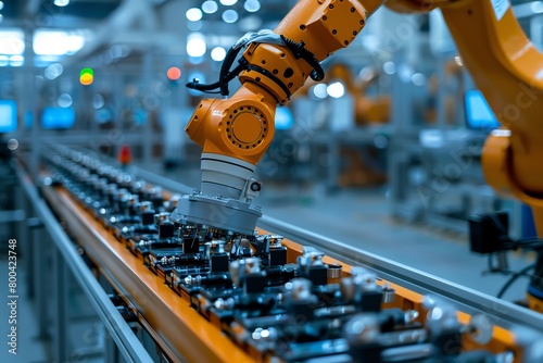 A closeup of an industrial robots gripper selecting components from a conveyor belt in a factory setting