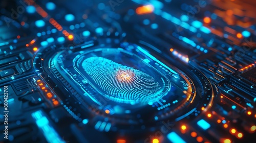 A closeup of a biometric security system scanning a fingerprint in a corporate setting, blue neon glow