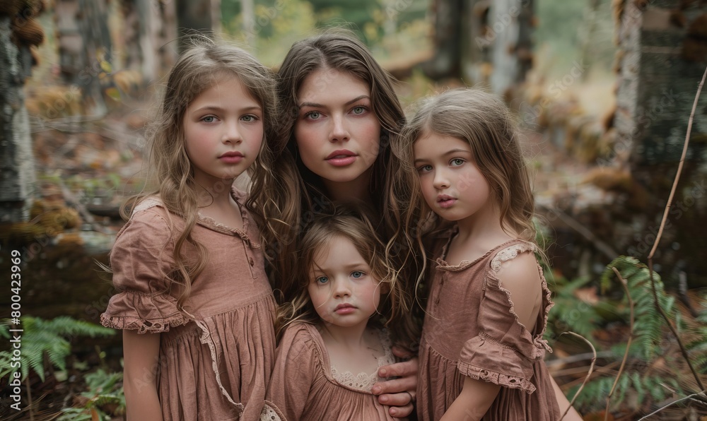 Mother and two daughters posing and looking into the camera while in a ruin in the woods. Port Townsend, Washington, USA Mother and two daughters posing and looking into the camera while in a ruin in the woods. Port Townsend, Washington, USA