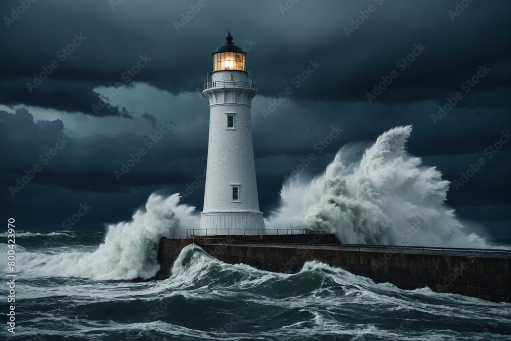 Waves crashing against a lighthouse