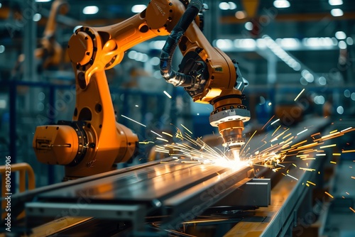 An industrial robot arm welding components on an automotive assembly line, sparks flying in a dim factory