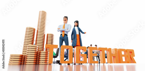 Business team stay next to coin stacks and big TOGETHER word, blur of business people working in office at the background and copy space at white. 3D rendering.