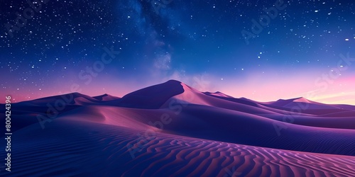 Dawn Landscape, with Desert Sand Dunes. Empty Contemporary Wallpaper with Blue Gradient Starry Sky