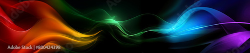 Abstract background with asymmetrical glowing translucent rainbow colours wave on black backdrop photo