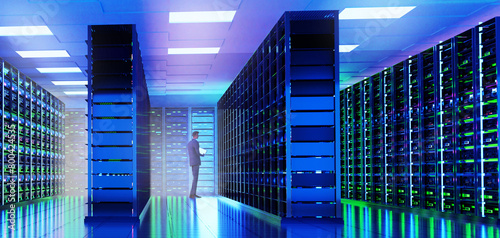 Business people monitoring server room working, supercomputers in server room with beautiful neon lighting 3D rendering photo