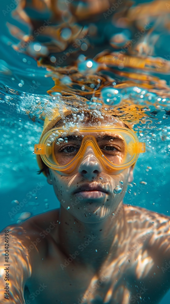 person in yellow swimming glasses and hat diving in pool water