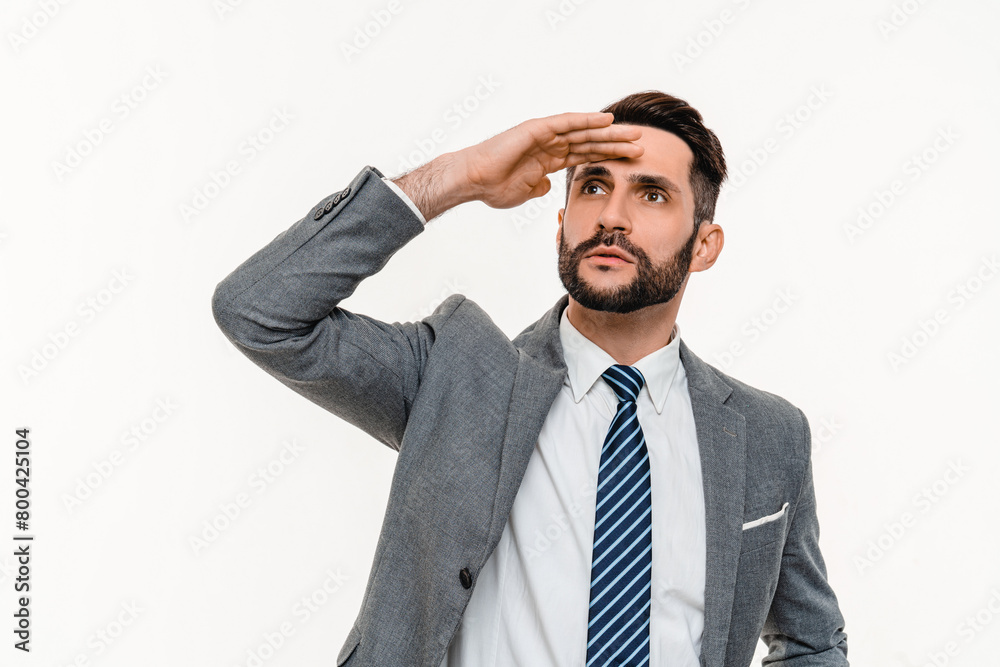 Successful young businessman looking far away for career ladder isolated over white background. Manager banker ceo boss looking for new opportunities, promotion, startup Successful young businessman looking far away for career ladder isolated over white background. Manager banker ceo boss looking for new opportunities, promotion, startup