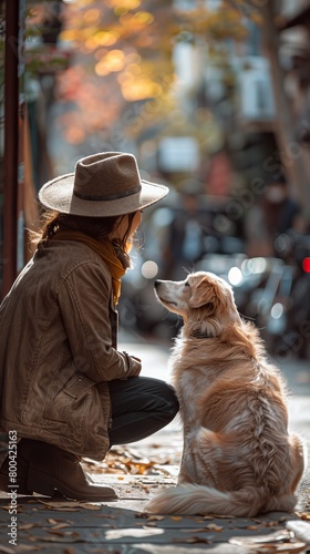 A woman in a cowboy hat pets a dog on the street