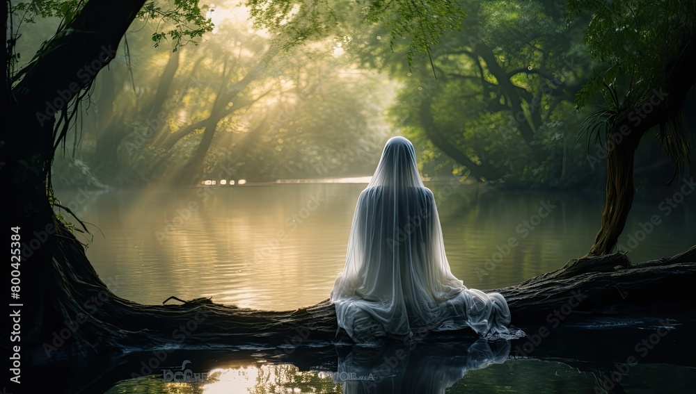 Tranquil Reflections: A Girl Contemplates in Silence on the River Bank Tranquil Reflections: A Girl Contemplates in Silence on the River Bank
