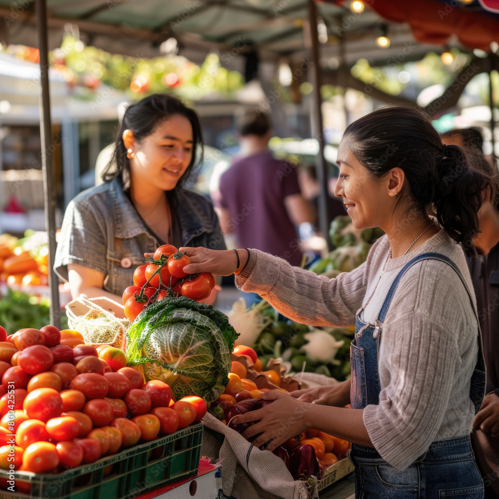 Latin Female Customer Buying Sustainable Organic Tomatoes and Napa Cabbage From a Multiethnic Farmers Couple. Successful Street Vendors Managing a Small Business Farm Stall at an Outdoors Market